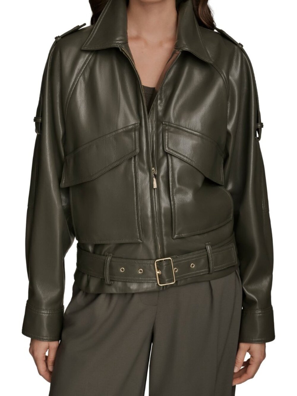 Donna Karan New York Faux-Leather Zip-Front Belted Jacket SZ XL